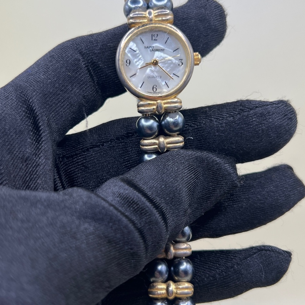 Vtg Saint Laurent Quartz Watch Swiss Movt Gold Tone Faux Pearl Bracelet MOP Dial - Picture 11 of 17